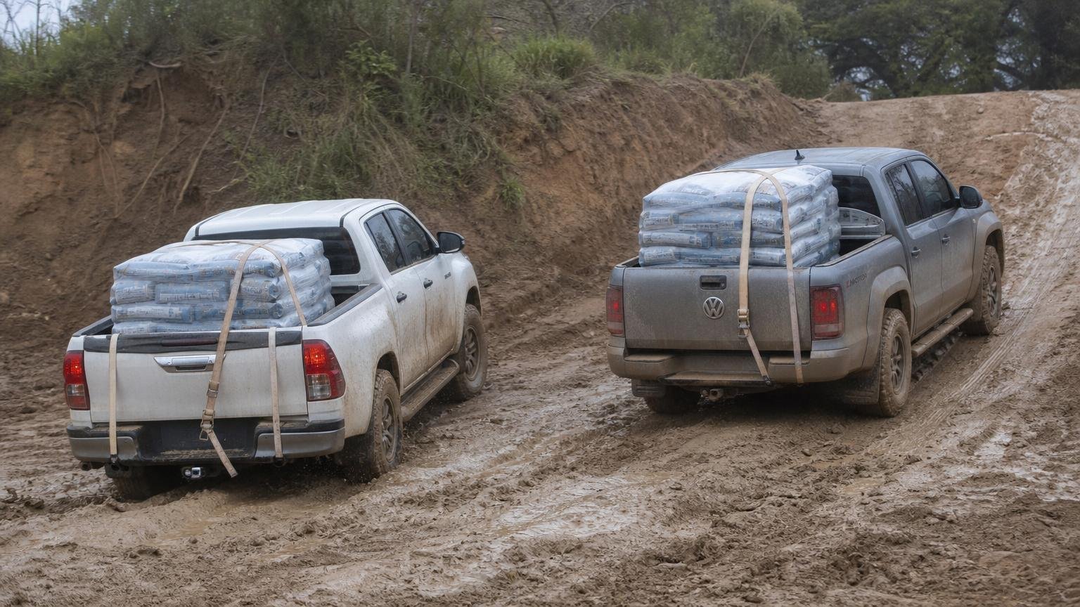 Hilux o Amarok con una tonelada en la caja en la misma subida de barro: el resultado del duelo que se discute en cada estación de servicio del país